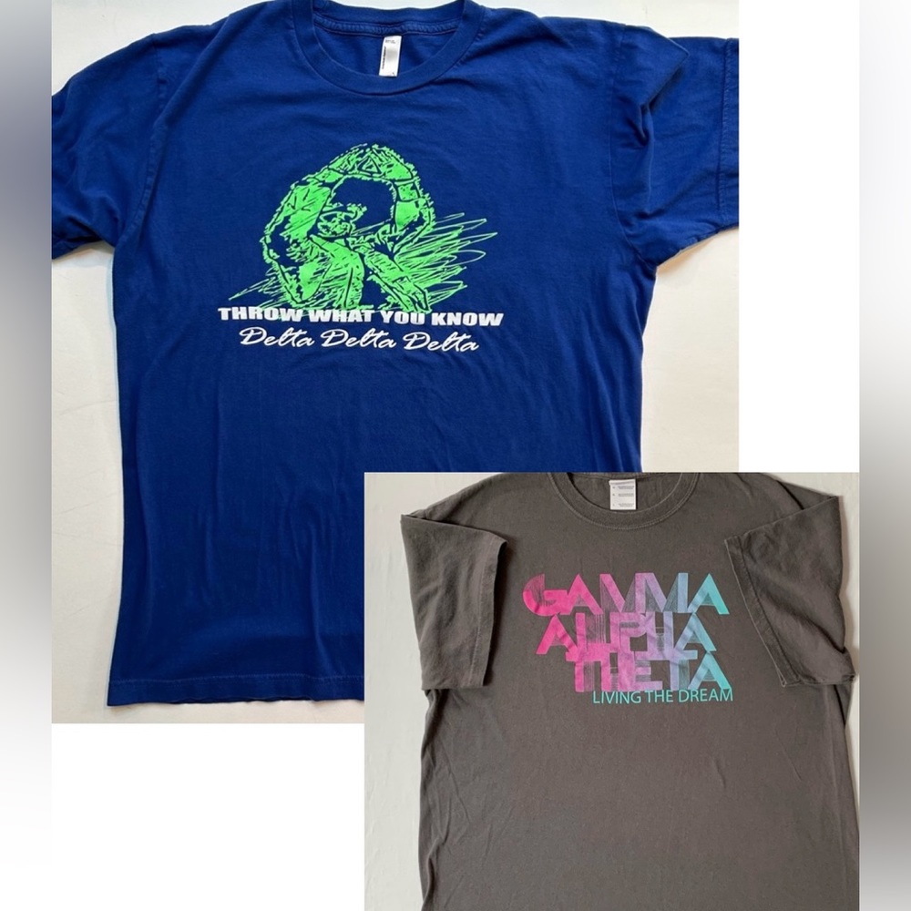 Sorority graphic short sleeve T shirts Delta Delta Delta and Gamma Alpha Theta